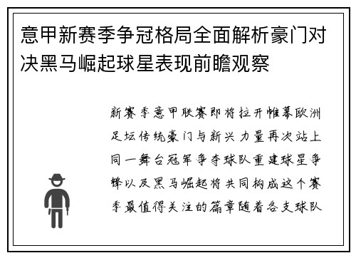 意甲新赛季争冠格局全面解析豪门对决黑马崛起球星表现前瞻观察